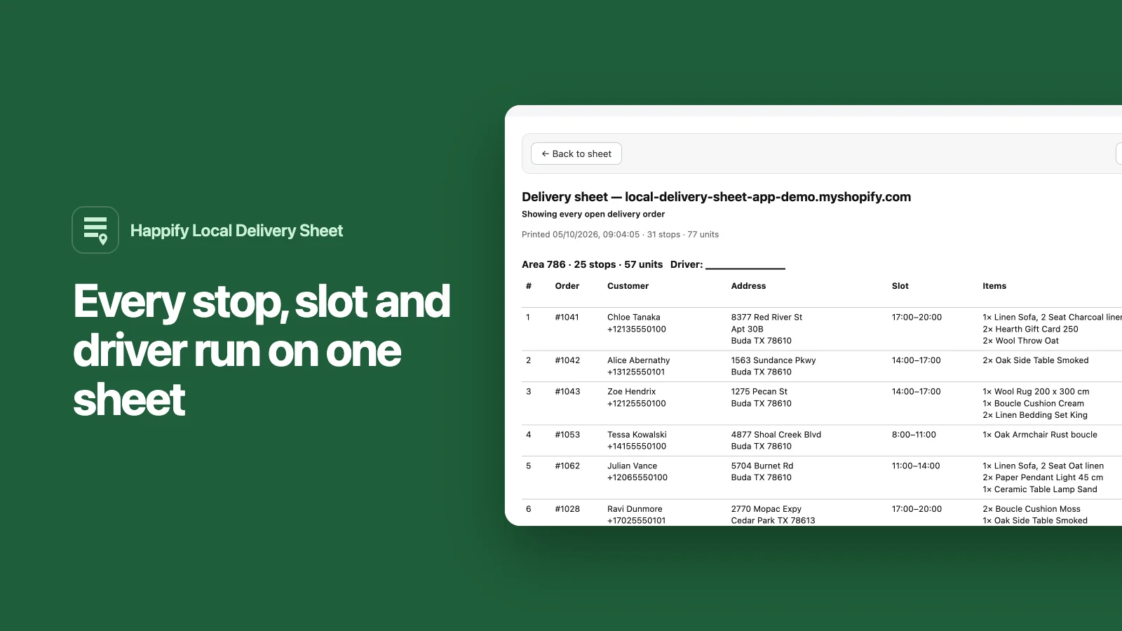 Happify Local Delivery Sheet: Turn open orders into printable delivery sheets, driver runs and packing totals.