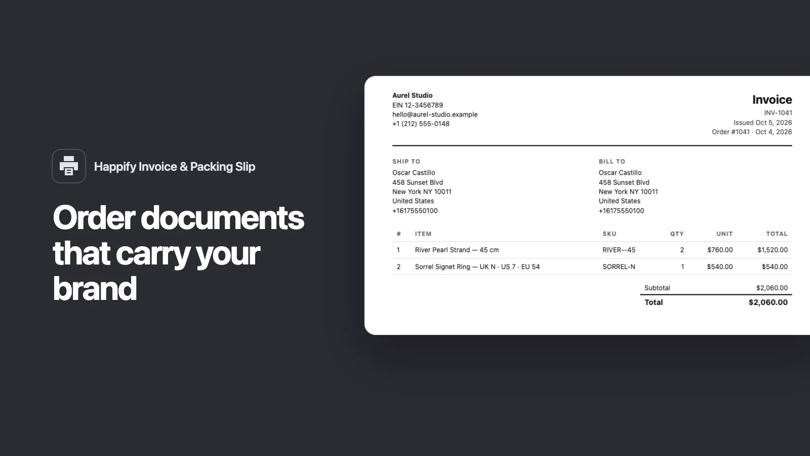 Happify Invoice & Packing Slip: Print branded invoices, packing slips and delivery notes for one order or a whole batch.