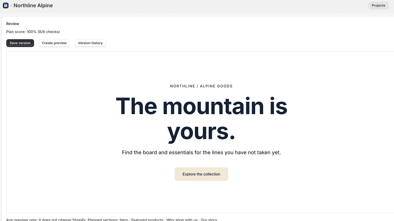 Store Builder project preview for the Northline Alpine demo store