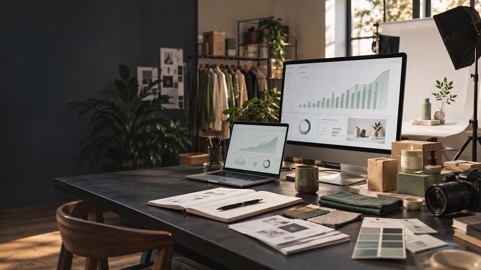 A commerce growth workspace with analytics, merchandising samples, and a product photography setup