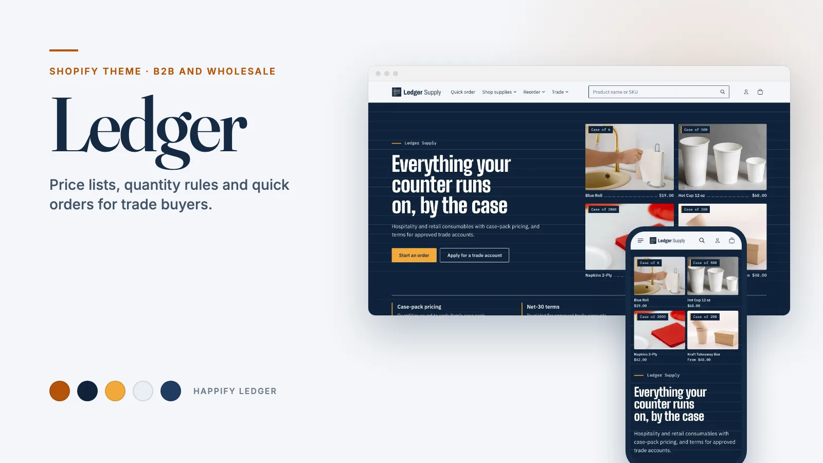 Ledger theme: storefront on desktop and phone