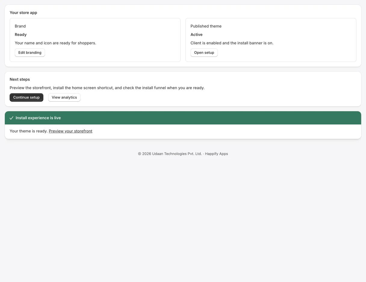 PWA: Home Screen App, Overview: Setup checklist with direct theme activation