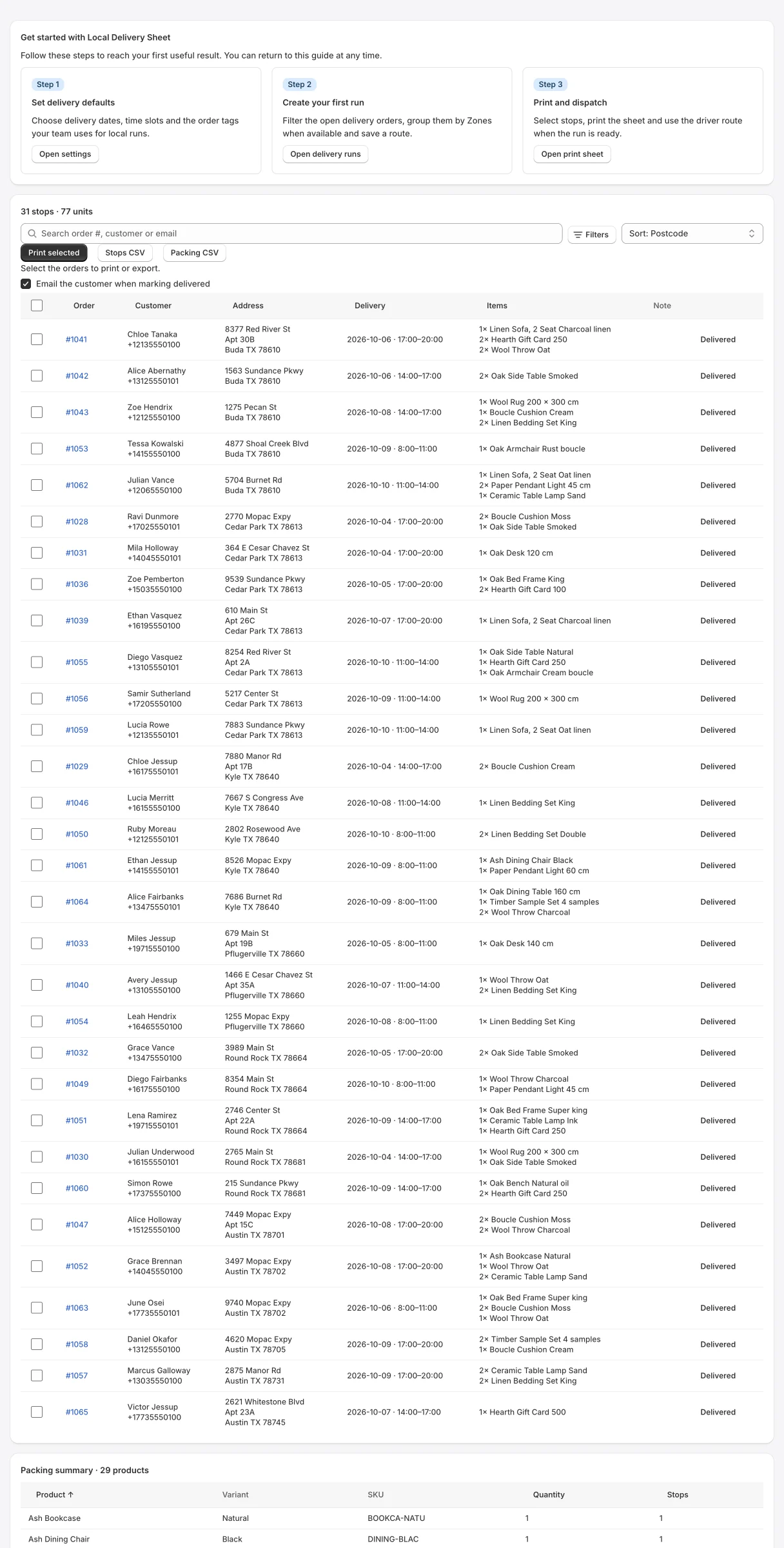 Local Delivery Sheet, Delivery sheet: Deliveries filtered by date, with a packing summary