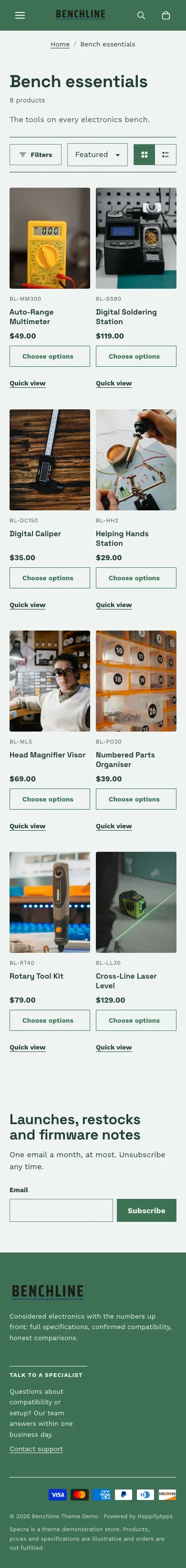 Benchline preset, collection page, mobile