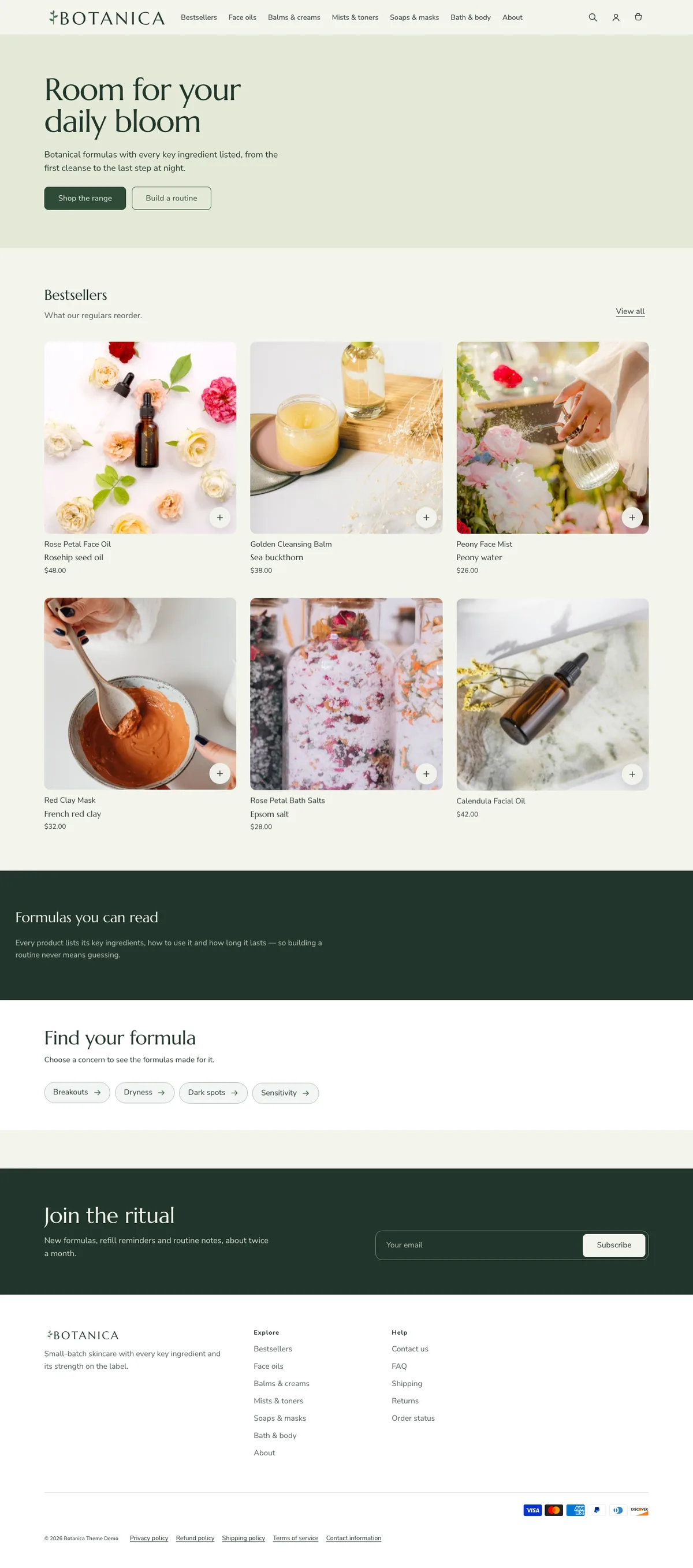 Botanica preset, home page, desktop