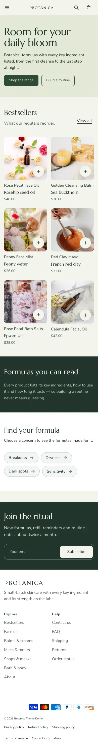 Botanica preset, home page, mobile