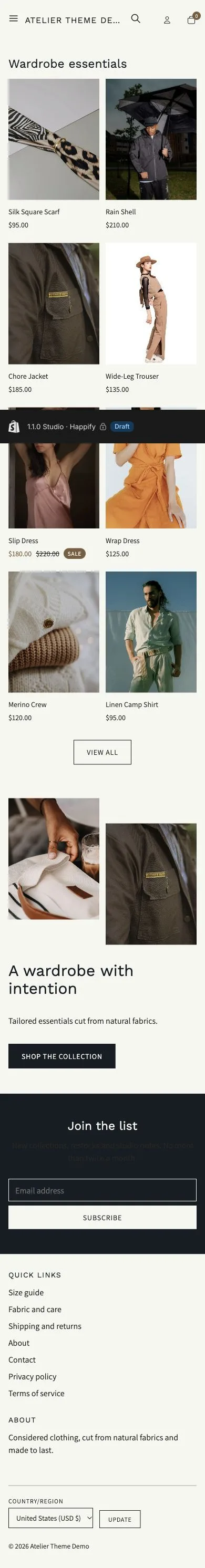 Studio preset, home page, mobile