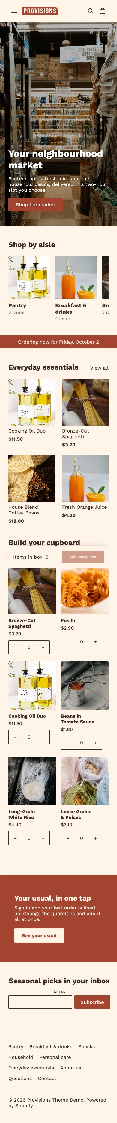 Provisions preset, home page, mobile