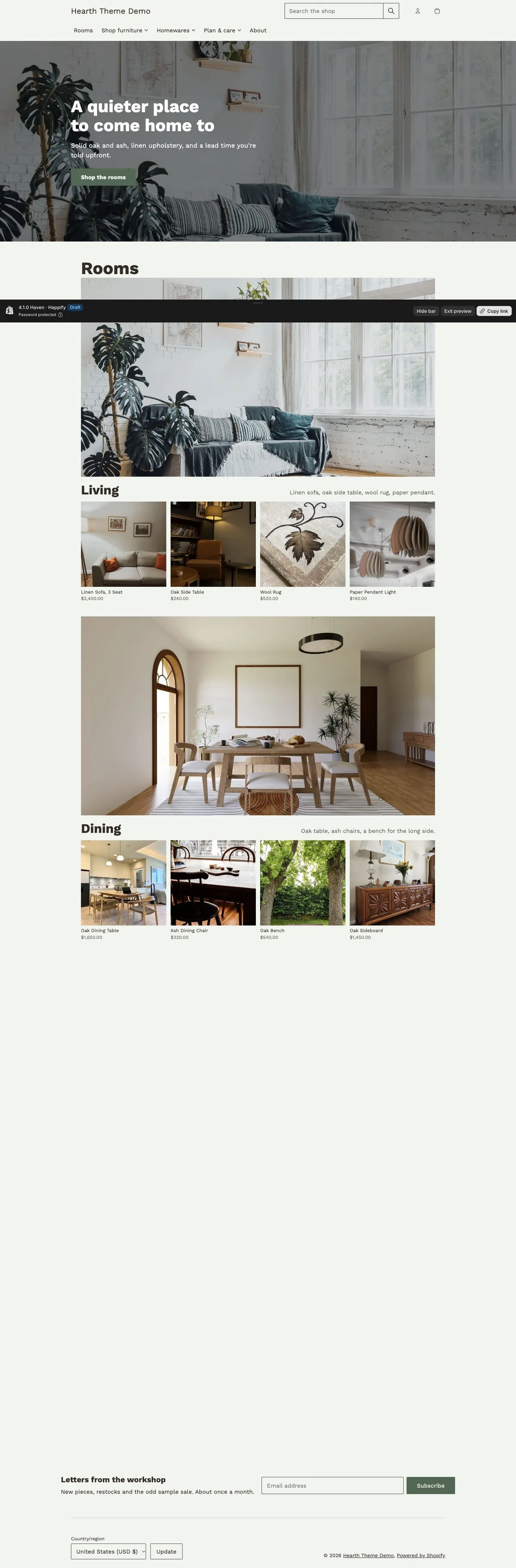 Haven preset, home page, desktop
