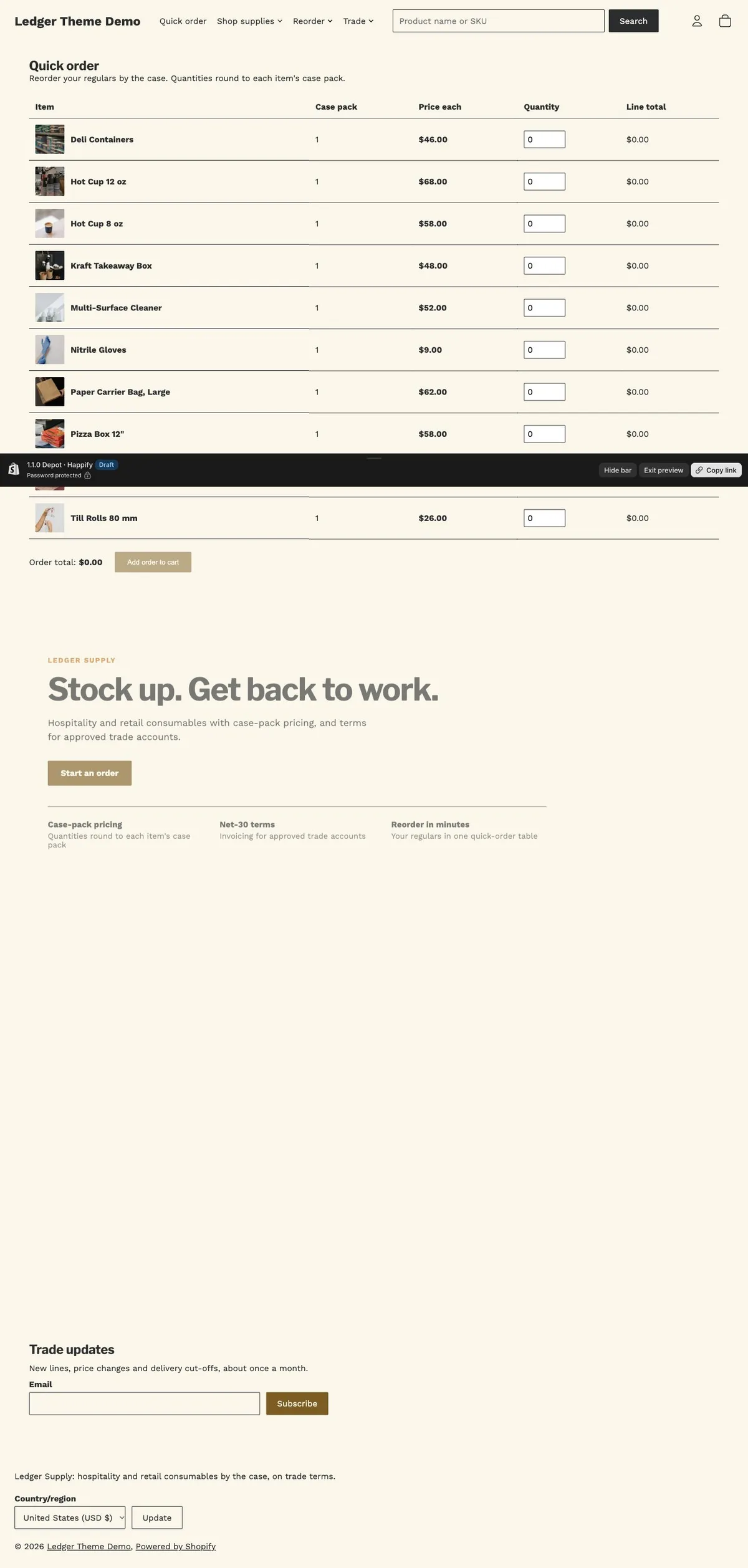 Depot preset, home page, desktop