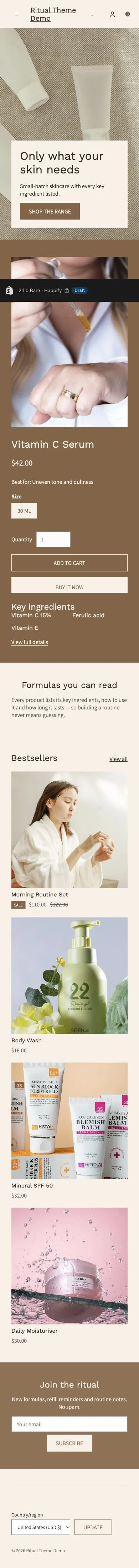 Bare preset, home page, mobile