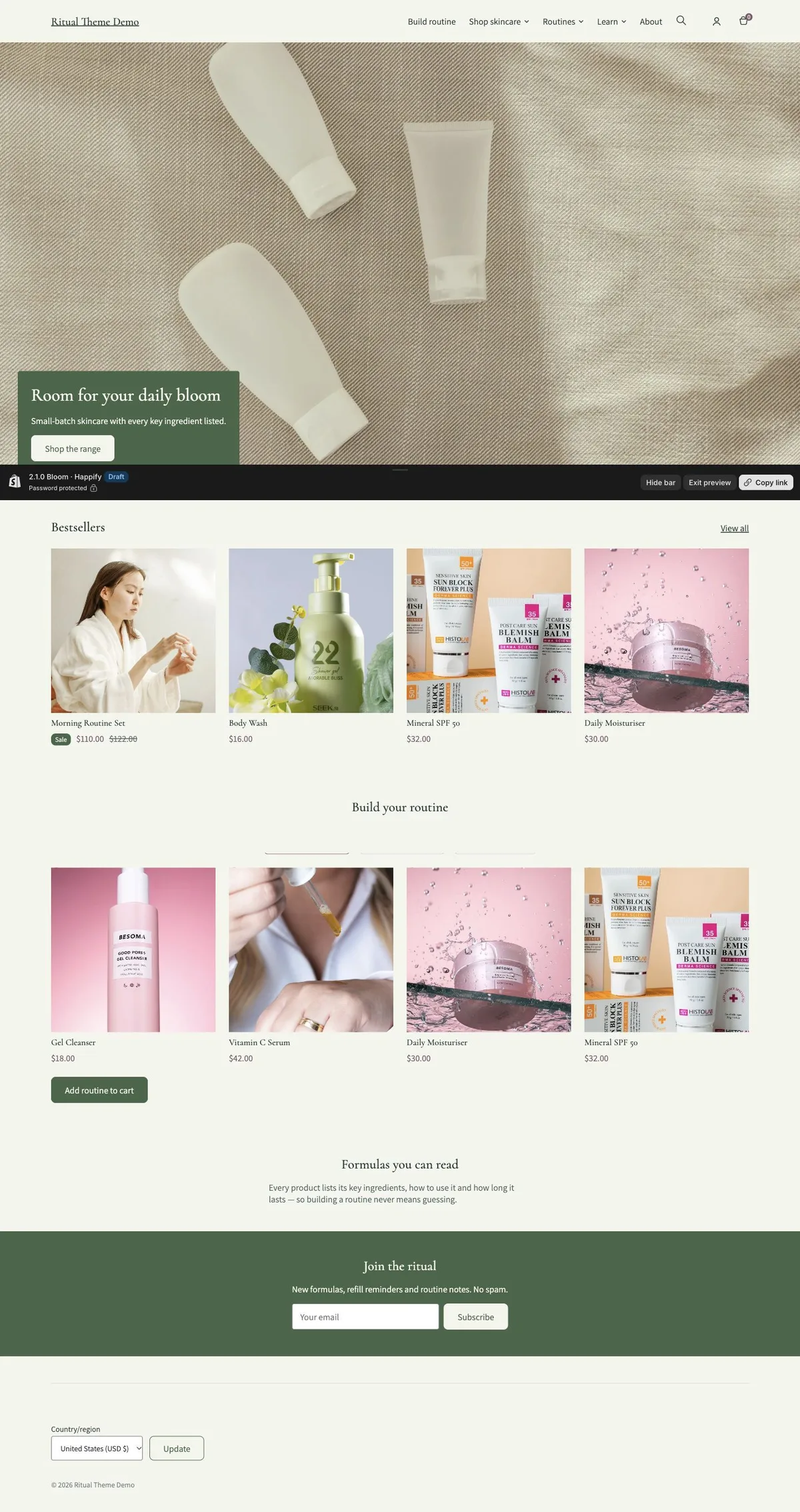 Bloom preset, home page, desktop