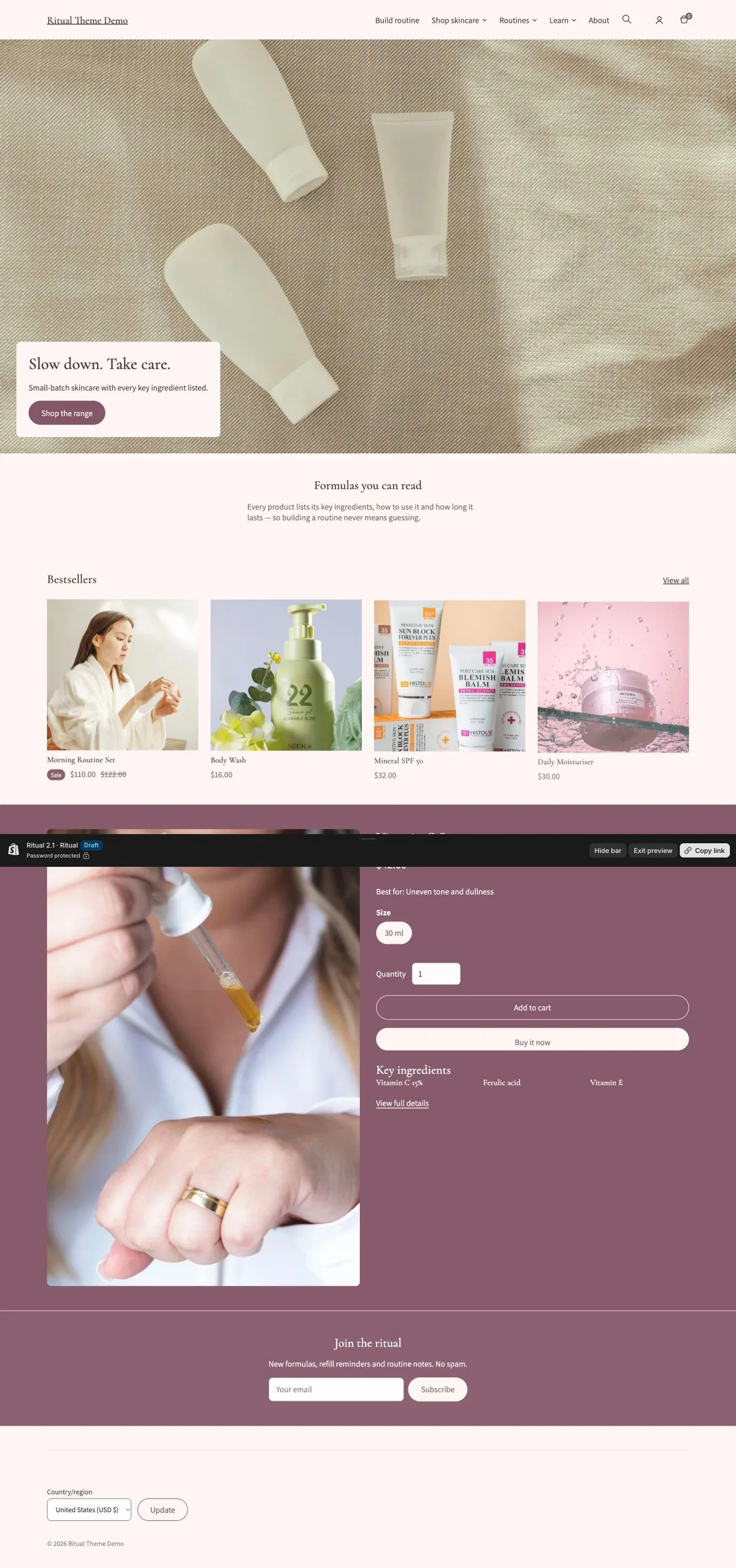 Ritual preset, home page, desktop